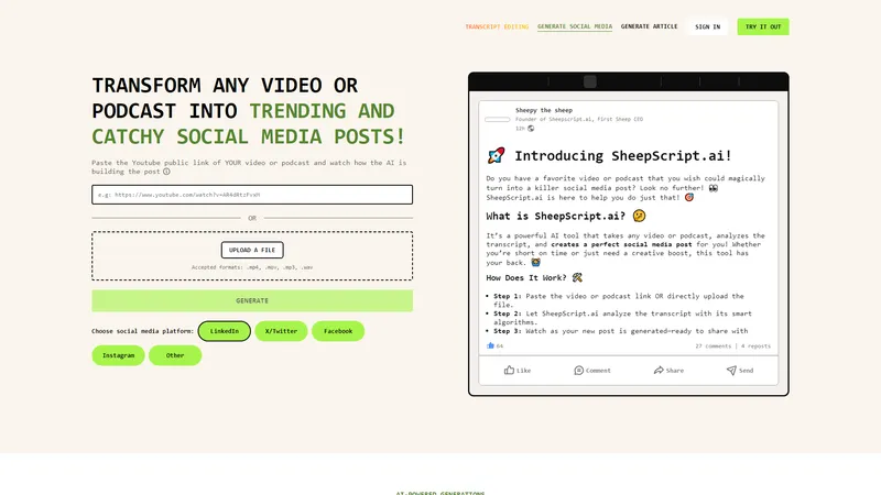 Sheepscript.ai - Erstellen Sie Social-Media-Beiträge aus Videos oder Podcasts – schnell und effizient!