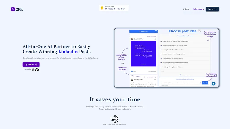 2PR - AIが1分で魅力的なLinkedIn投稿を作成
